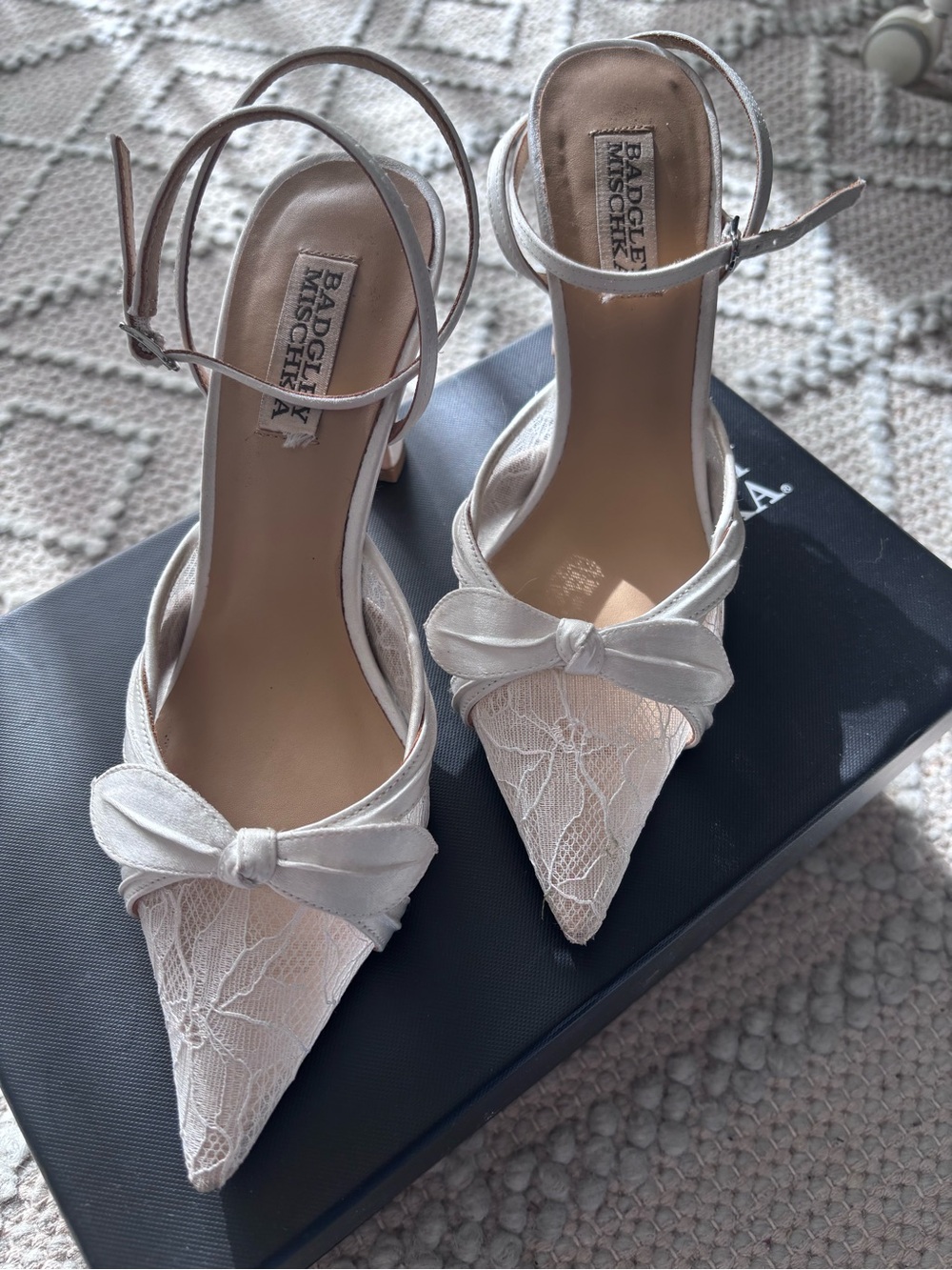 Badgley Mischka Ivory Lace Pointed-Toe Ankle-Strap Heels with Bow
